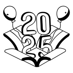 Surprised cardboard Explosion vector icon design, 2025 welcome sign festive holiday season symbol, new year party decor illustration, Twenty Twenty Five popping out of Gift Box with Balloons concept