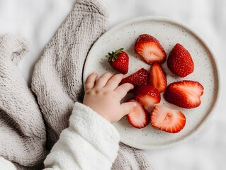 Close-up of a baby's hand reaching for fresh strawberries on a speckled ceramic plate. Soft textures and neutral tones create a warm, cozy atmosphere.