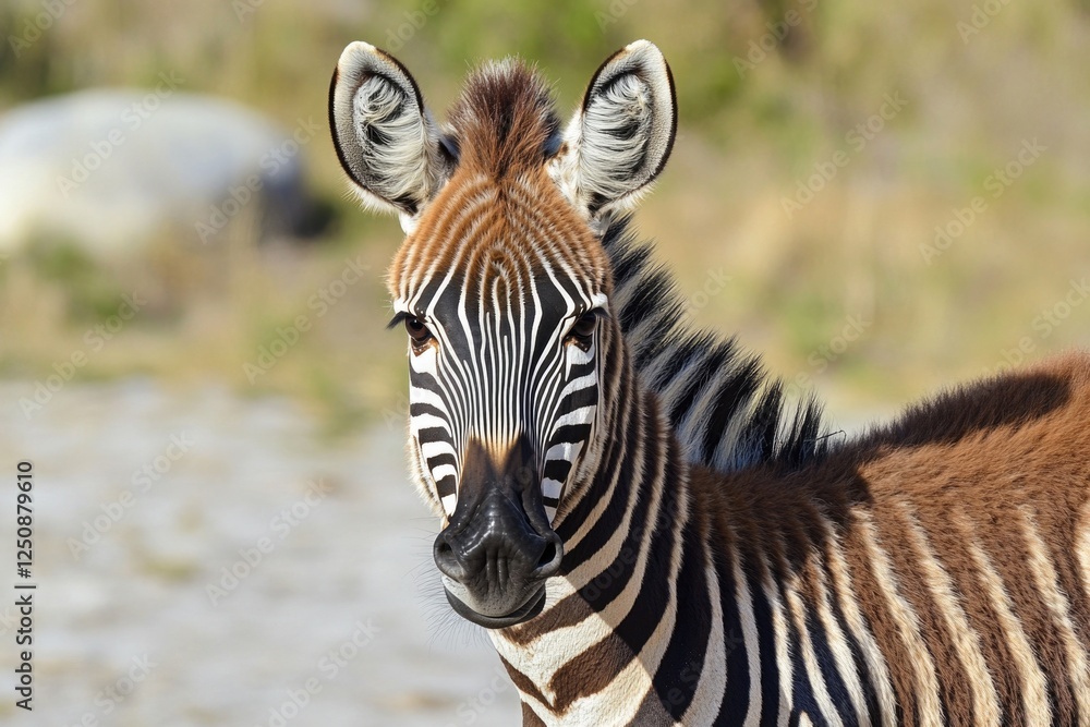 Poster a close-up shot of a zebra standing in a green field