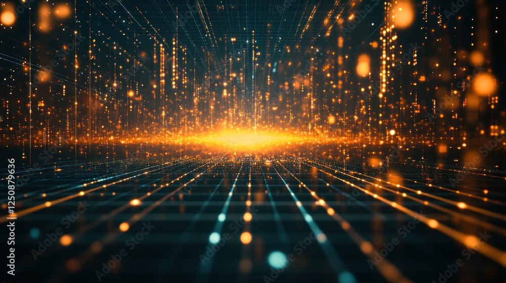 Poster abstract digital grid with glowing particles, data stream visualization.