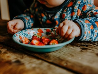 Close-up of a baby reaching for fresh strawberries in a patterned bowl on a rustic wooden table. Cozy and warm atmosphere with soft lighting