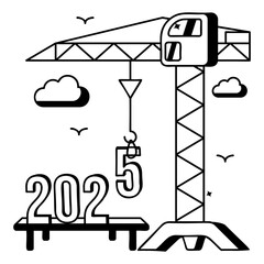 Foundation of Tomorrow vector icon design, Under construction 2025 sign, festive holiday season symbol, new year party decor stock illustration, crane lifting the number Twenty Twenty Five concept