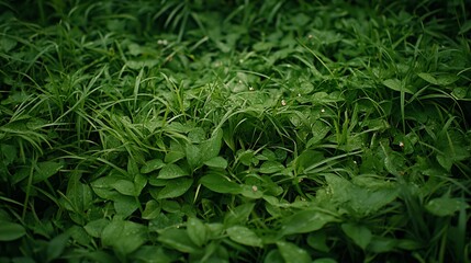 A dense patch of green grass with a few scattered leaves and tiny flowers growing amid the blades