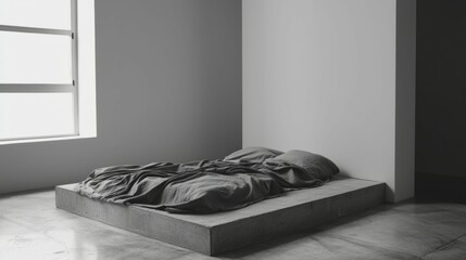 Minimalist bedroom interior design with simple bedding and concrete platform