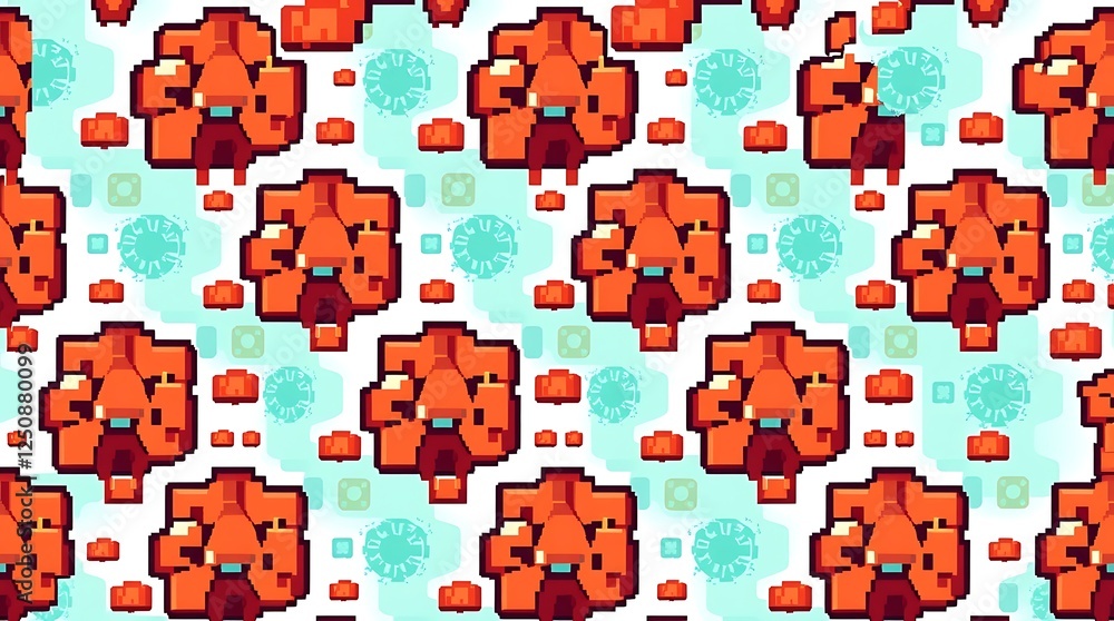 Poster pixelated creature pattern: a repeating pattern featuring adorable, pixel art creatures in vibrant o