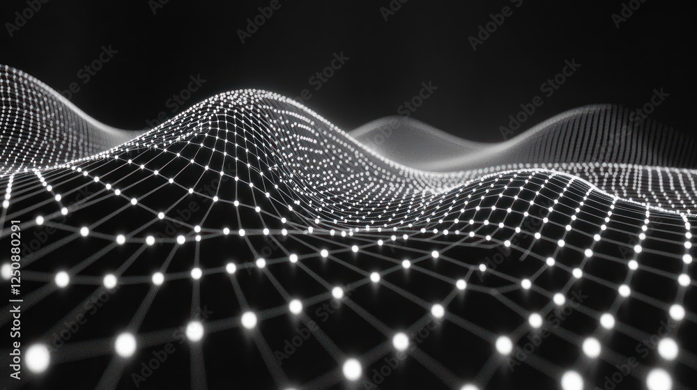 Fototapete Abstract digital landscape with glowing nodes and lines forming a wavy surface on a black background.