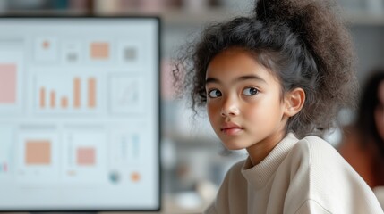 A young girl sits attentively in a contemporary classroom, engaged with digital learning graphics on a large screen