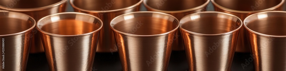 Poster a collection of copper cups sitting on a table, ready for use