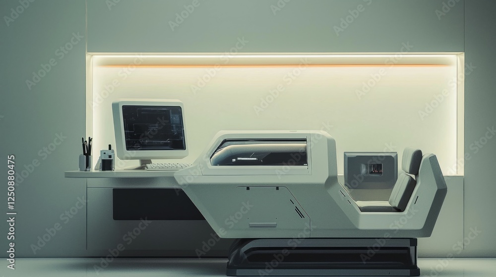 Poster futuristic workspace with sleek desk and advanced technology setup