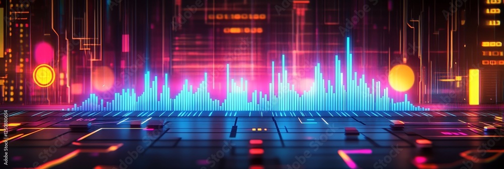 Poster glowing blue line graph with sharp peaks, data points, and futuristic circuit board background