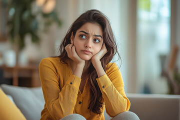 indian woman sitting in modern living room giving sad and unhappy expression