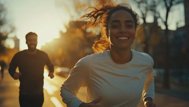 Golden Hour Run: A Couple's Joyful Jog in the City