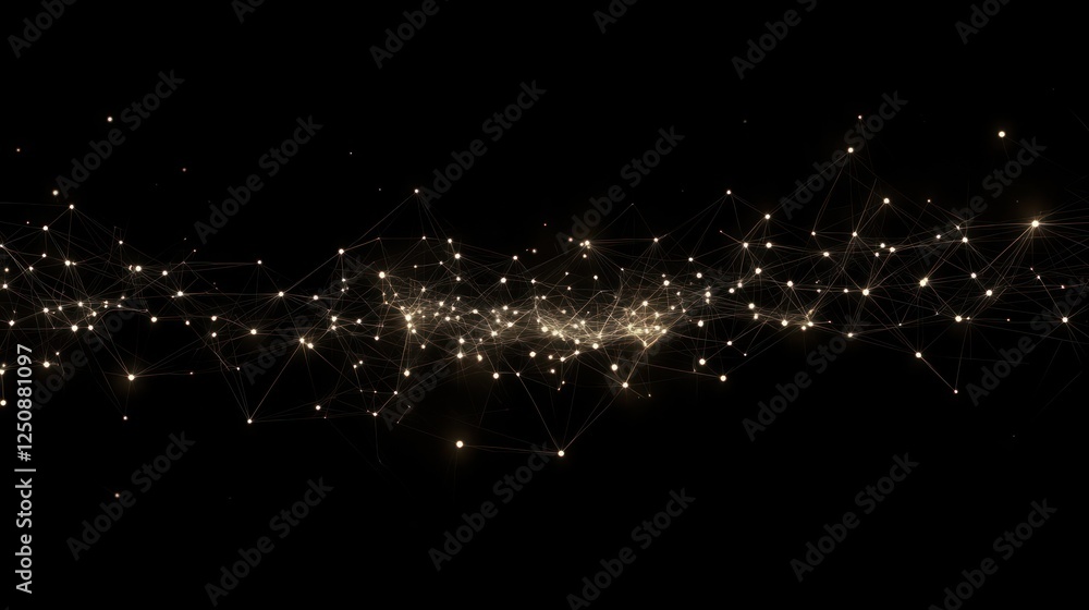 Poster abstract digital network connection, glowing particles and lines on black background.
