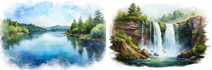Scenic watercolor landscape, tranquil river view, lush green trees, majestic waterfall, serene nature illustration. © Valeriia