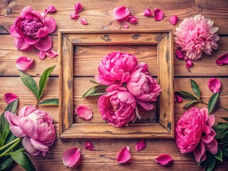 Fototapeta premium Rustic pink peony blooms frame a vintage-styled text space, perfect for announcements.