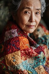 Obraz premium Portrait of an older woman wearing a colorful quilt, suitable for use in stories about grandmothers, family heritage, or cultural traditions