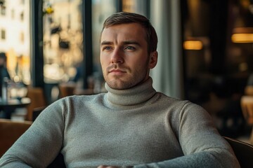 Obraz premium Portrait of a thoughtful man in a turtleneck sitting in a modern cafe, warm atmosphere.