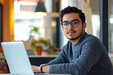 Portrait of a young creative designer working on a laptop, modern office setting.