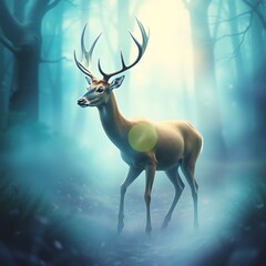 Majestic deer in misty forest.