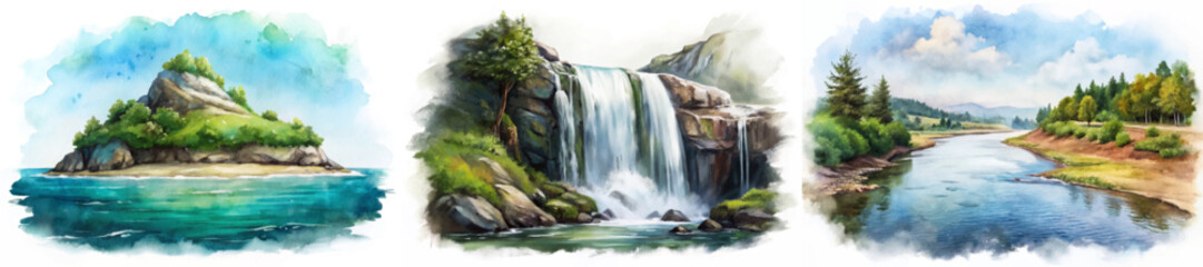 Scenic watercolor landscapes, tranquil island view, flowing waterfall, serene river scene, nature illustration, outdoor beauty.