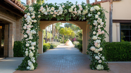 A romantic floral archway made of white roses, pastel peonies, and ivy vines