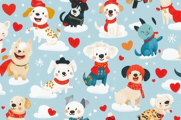 Fototapeta premium Charming cartoon dogs in delightful outfits create a joyful seamless pattern with clouds and hearts in a playful backdrop. Generative AI