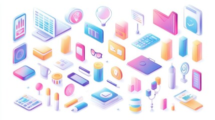 Digital Business with marketing concept, management, payment, market research and data analysis, communication flat illustrations on white background