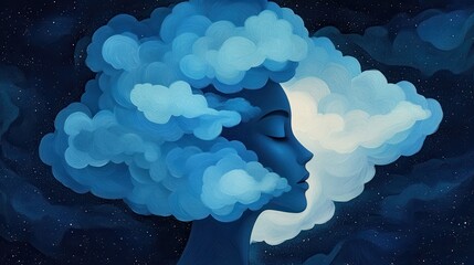 Dreamy cloudy portrait of a woman in night sky artistic illustration fantasy environment side view