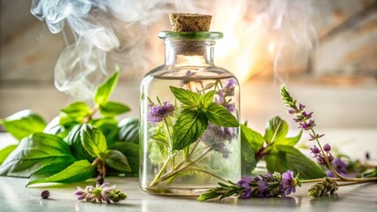 Fresh Herbal Extract in Glass Bottle Surrounded by Green Leaves