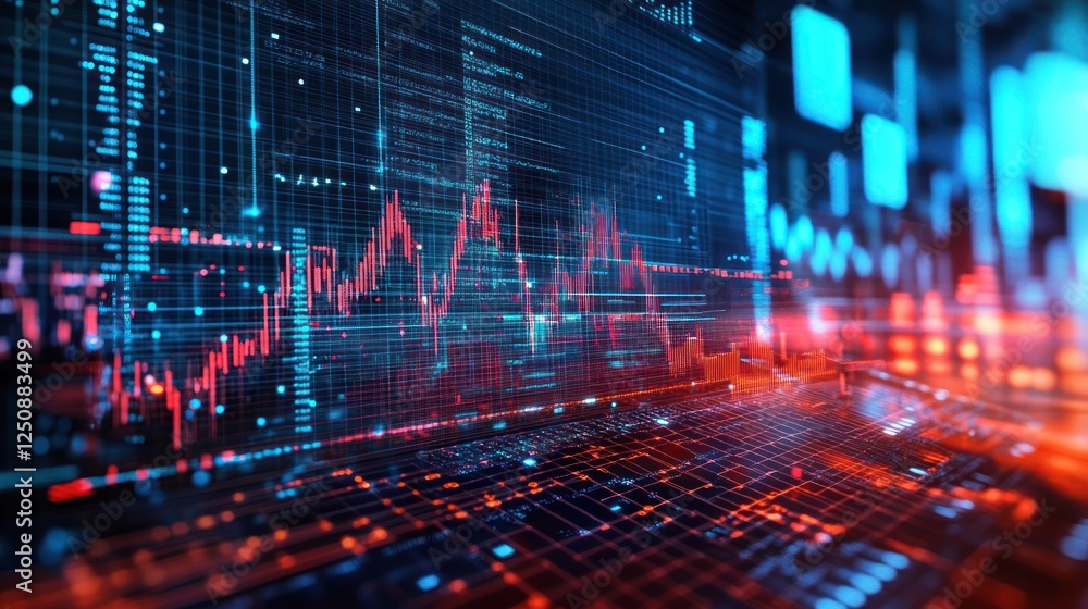 Aufkleber Abstract digital stock market data visualization with red and blue glowing lines and charts on a dark background.