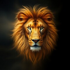 Fototapeta premium Majestic lion portrait against dark background.