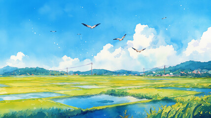 Obraz premium のどかな農村風景｜山々と広がる田んぼ、穏やかな自然の景色