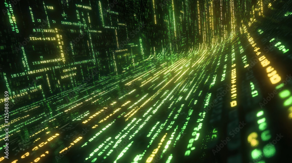 Poster abstract digital tunnel with glowing green and yellow code.