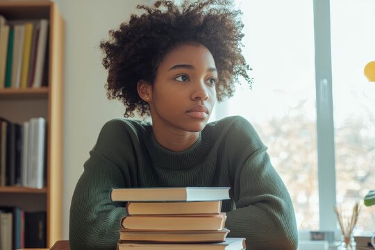 Student sitting at a desk with a stack of books, looking thoughtful, light background.