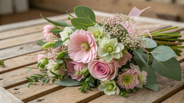 delicate floral bouquet with pink roses and greenery on rustic wooden table