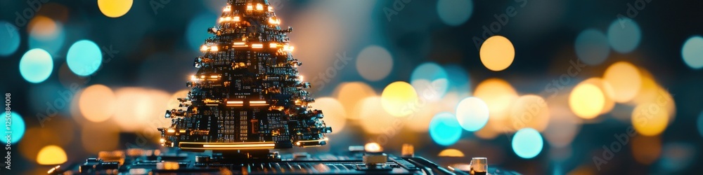 Poster miniature christmas tree model with colorful lights in the background, ideal for holiday decorations