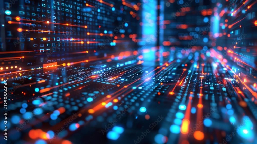Aufkleber vibrant data flow in a digital landscape with glowing lines and binary codes