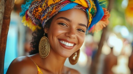 Carnival dance and a portrait of a Latina woman celebrating culture tradition and performance at a festival A joyful person in a samba costume enjoying the Rio de Janeiro festivities