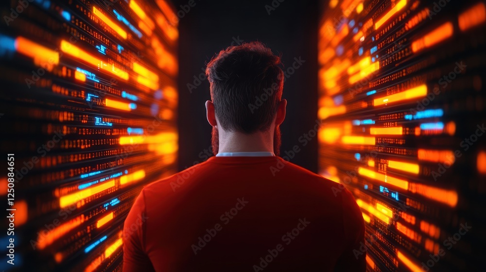Poster Futuristic Person Surrounded by Dynamic Lights Representing Data Flow and Technology in a Dark Environment