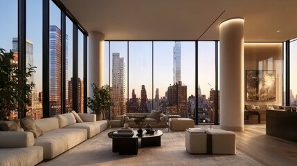 Modern luxury living room with city skyline view at sunset
