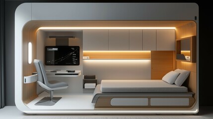 Obraz premium Modern Minimalist Bedroom Design with Ergonomic Workstation and Lights