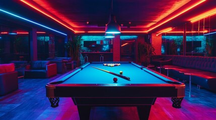 Stylish pool hall with vibrant neon lighting and modern decor