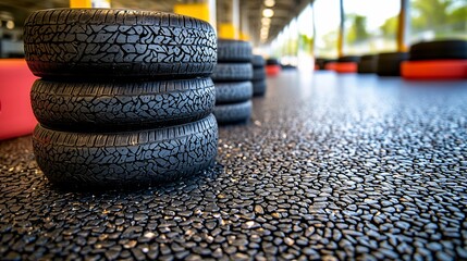 Stacked tires on textured floor in a garage.