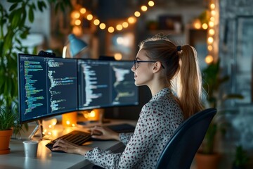 Focused Female Programmer Working Late, Building Software with Dual Monitors in Home Office