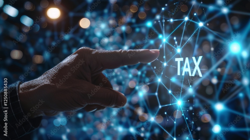 Poster exploring the digital tax landscape through technology and data visualization in a modern setting