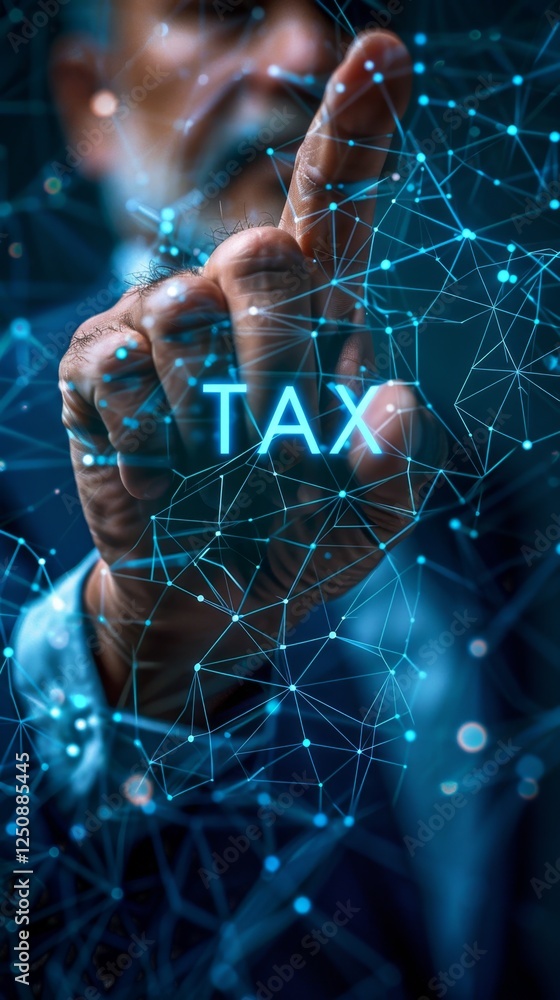 Poster digital financial concept showcasing tax-related technology and data interaction in a modern setting