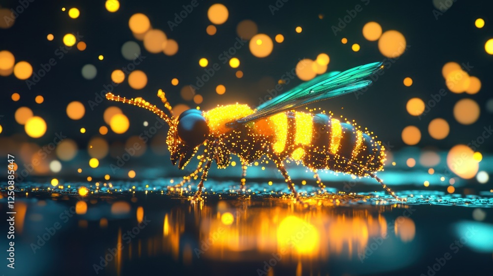 Poster glowing bee with sparkling particles on a reflective surface in a dreamy atmosphere