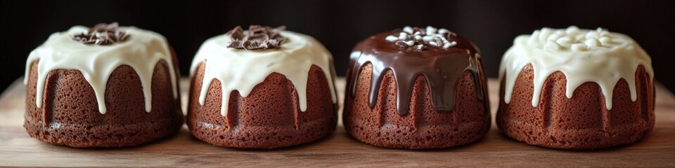 Fototapeta premium A plate of four chocolate bundt cakes with white icing and chocolate sprinkles