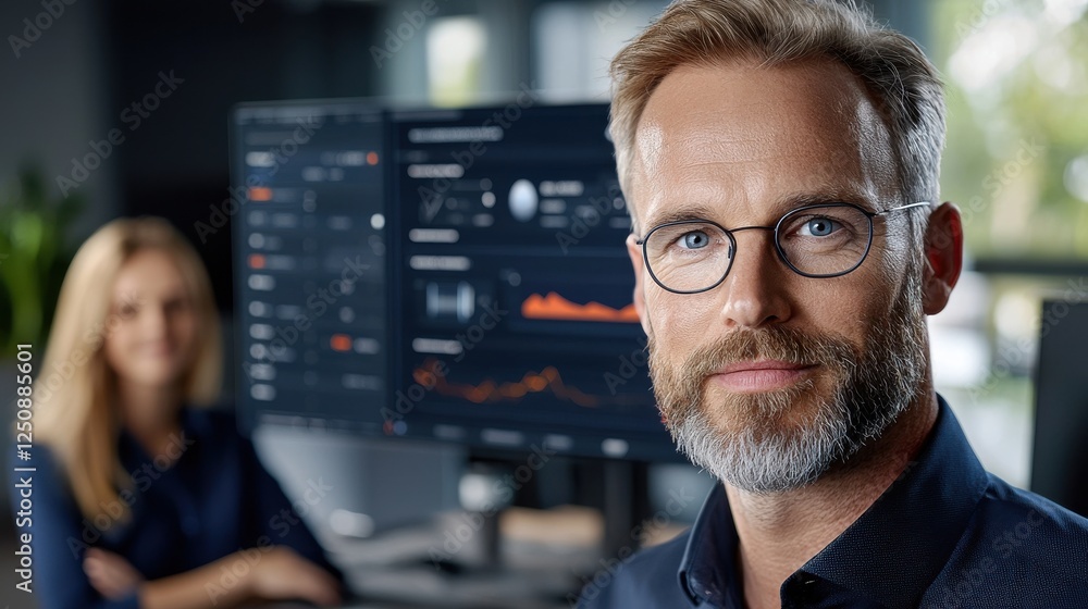 Poster portrait of a corporate leader intently focused on analyzing data and strategizing solutions to driv