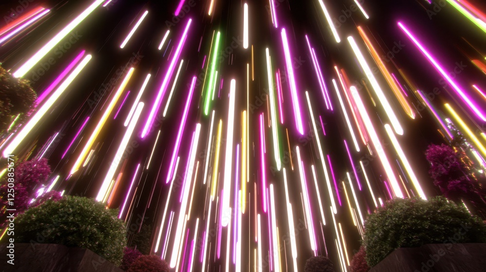 Poster vibrant neon light streams falling in a dark space surrounded by lush greenery in a futuristic envir